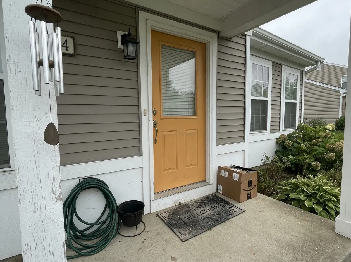 On a quiet gray house the orange door does all the work — and it is the one exterior spot worth the fade risk.