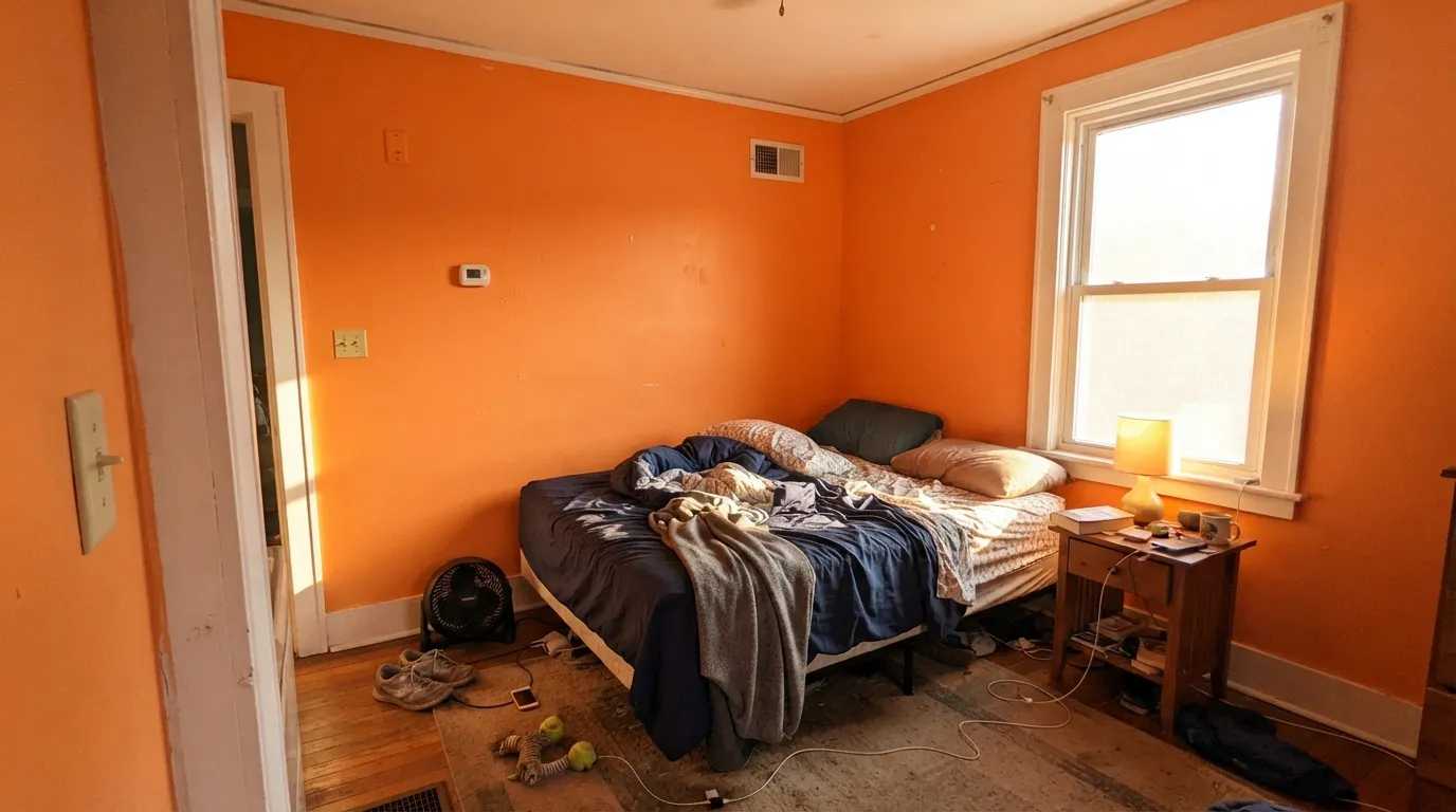 The honest shot: wrapped around a small sunny room the color takes over — the trim goes peachy and the ceiling catches the cast. This is the four-wall regret people post about.