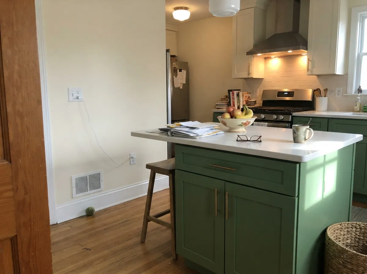 On an island under a lighter wall color, the satin finish makes Bitter Sage look custom rather than trend-chasing.