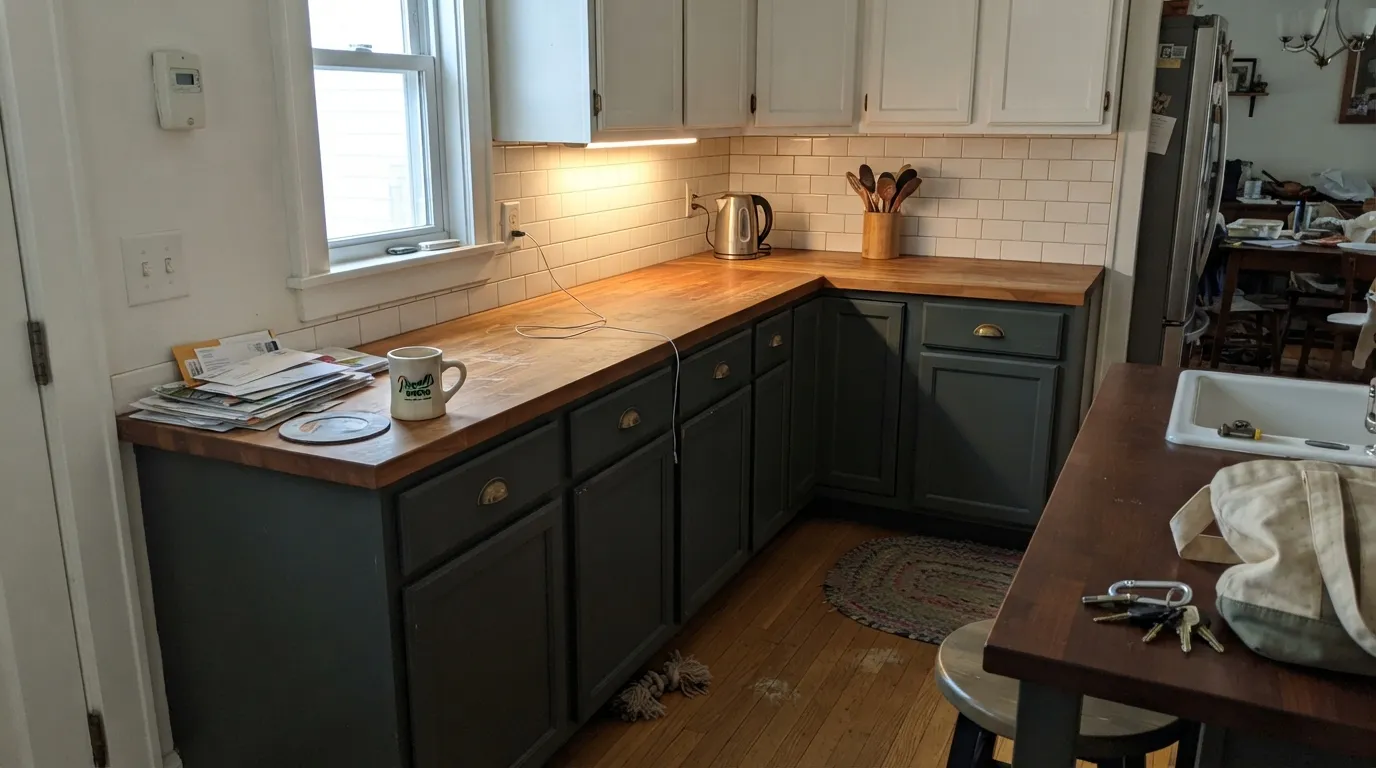 Black Bamboo lower cabinets under Swiss Coffee uppers — the moody-kitchen formula, with brass and butcher block doing the rest of the work.