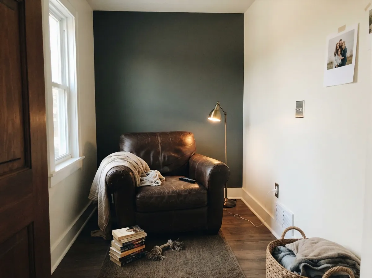 One wall with real daylight carries the current dark-green statement look without tipping the room into a cave.