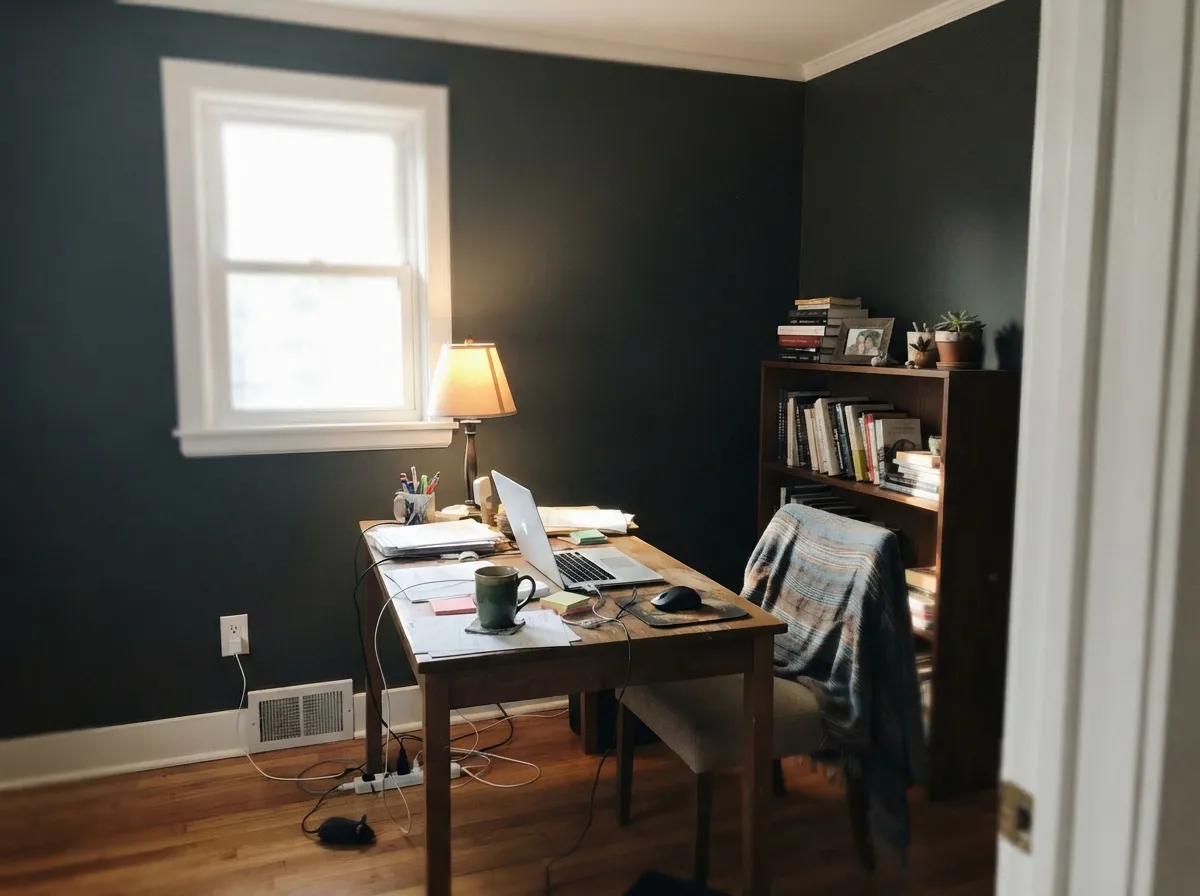 With a window doing real work, the den holds its green even midday — the white trim keeps the room from feeling like a cave.
