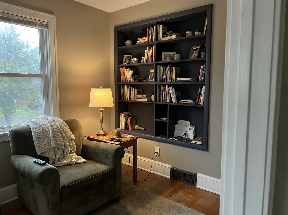 One accent of built-ins, with a lamp doing the work — the cool violet whisper shows up here, not the red the name suggests.