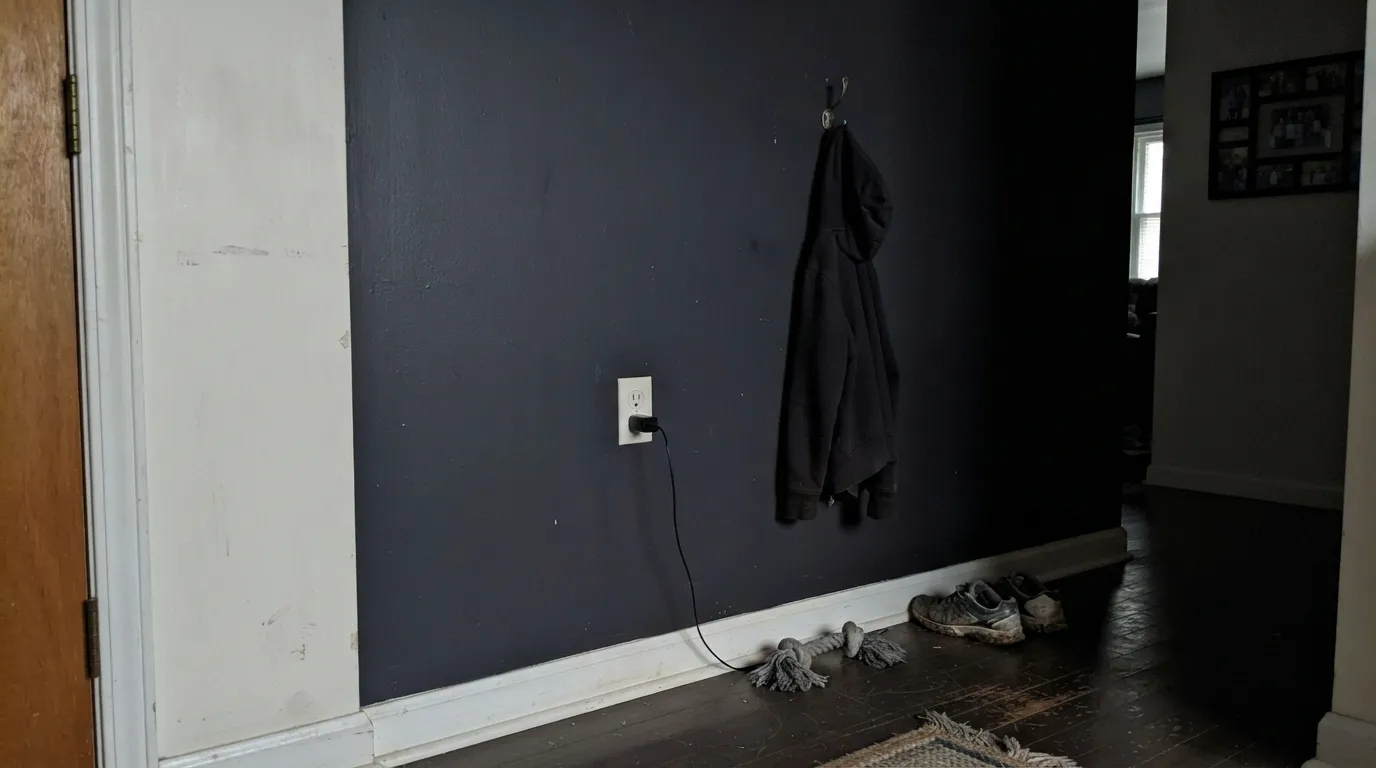 The honest shot: no real light, and it just goes flat, characterless black — none of the cool whisper it has near a window, and definitely none of the garnet warmth the name promises.