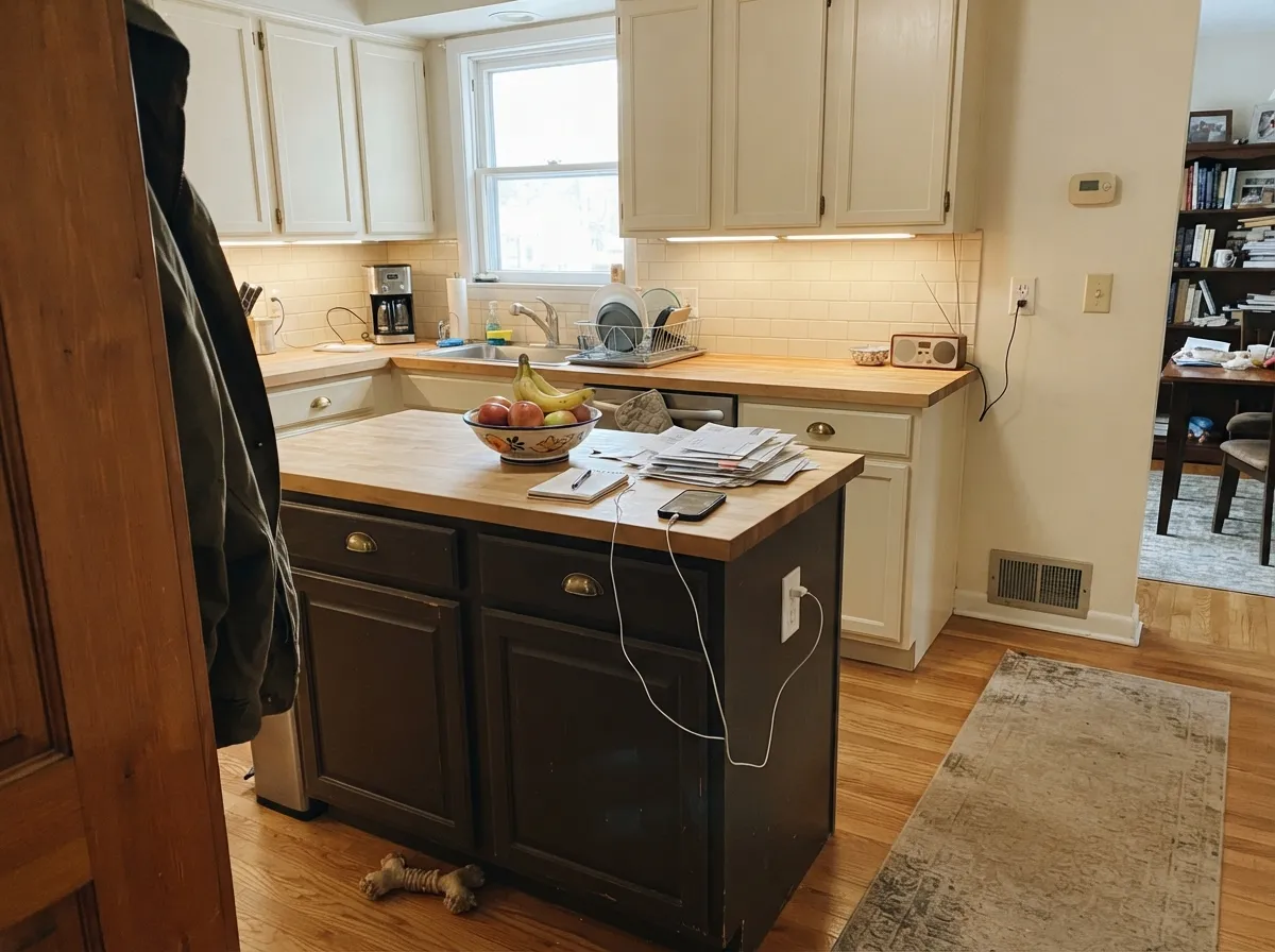 Against cream cabinets and brass hardware, the island reads warm and deliberate, not like a hole in the room.