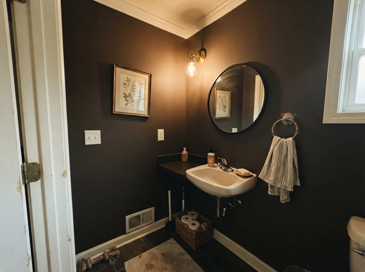Four walls of Black Mocha with a warm white trim and one real lamp — the small-room version of its best case.