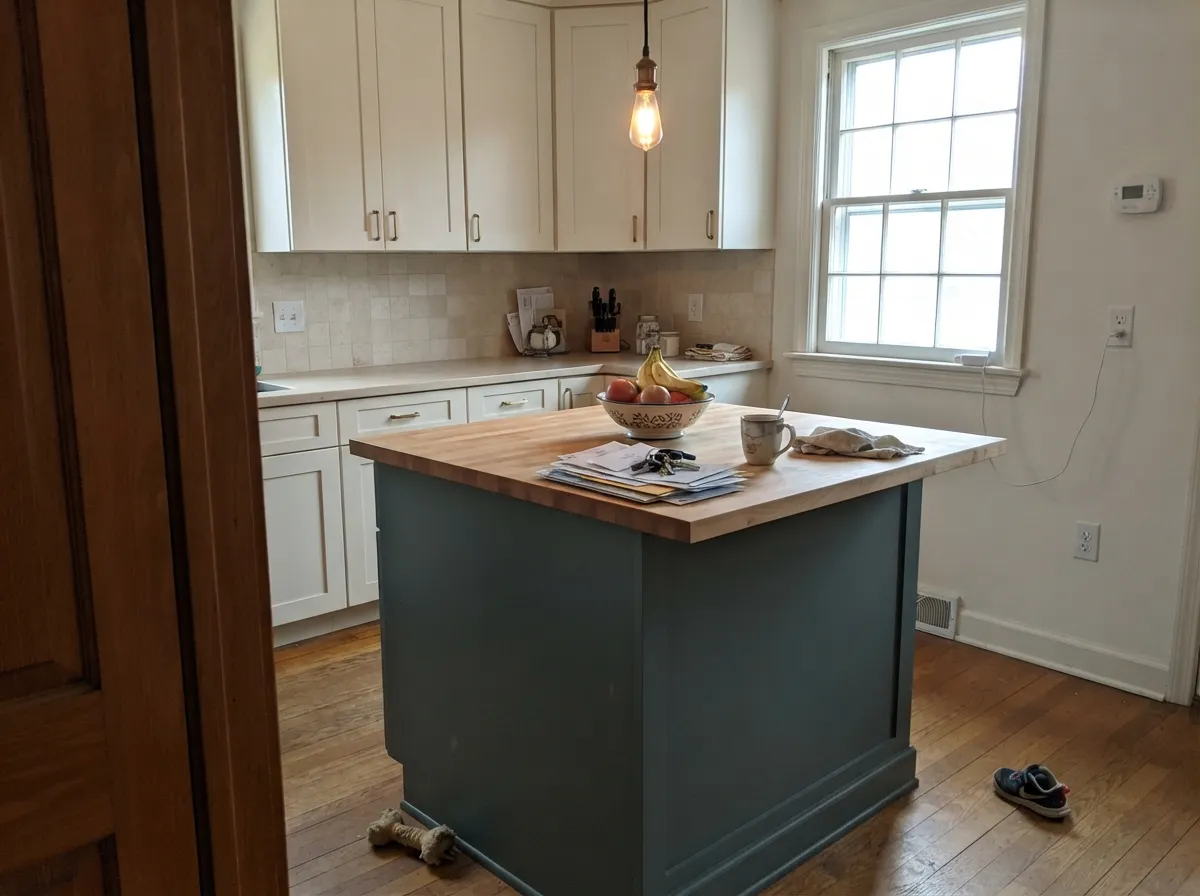 As an island against warm-white perimeter cabinets, the soft charcoal base reads rich and expensive rather than heavy — brass pulls keep it warm.