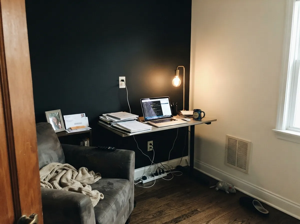 Under a warm desk lamp at dusk the accent wall turns velvety and calm — the light this color was built for.