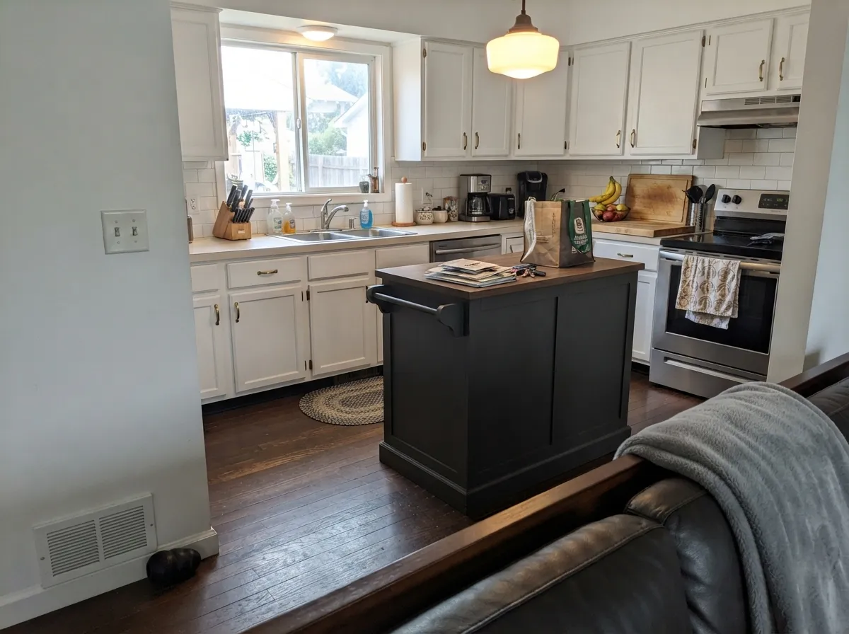 The island move: black with no undertone to argue with brass hardware or butcher block, while the perimeter stays bright.