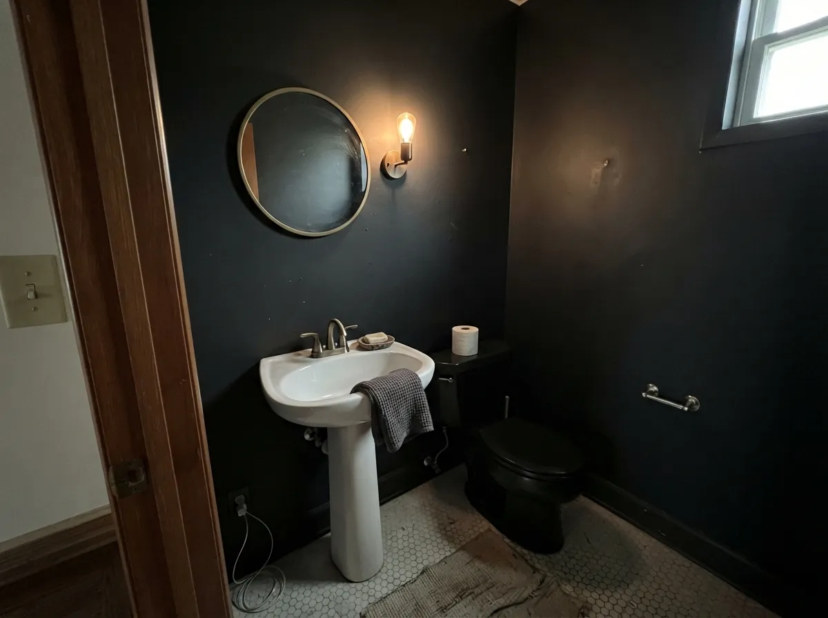 Drenched in a small powder room, the warm sconce light brings out the faint brown whisper in the black — cozy, not cold.