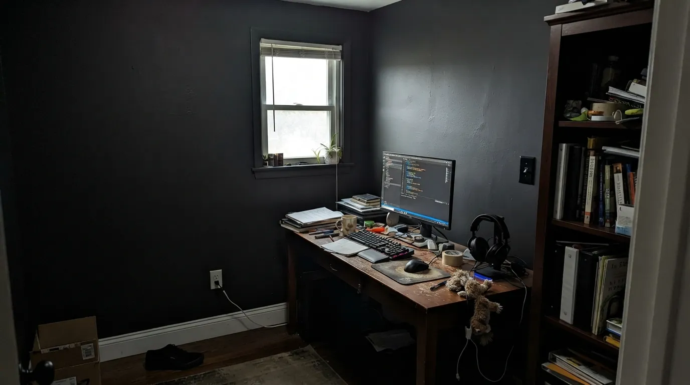 The honest shot: four black walls in a small room with little daylight don't read moody, they read like the room got smaller — the most common regret with this color.