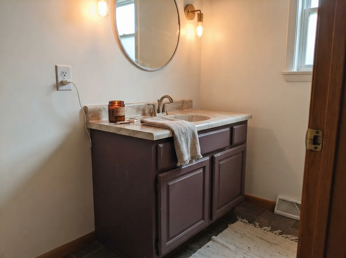 The designer move: a Blackberry Mocha vanity under warm light, reading custom and expensive in a room small enough to repaint on a whim.