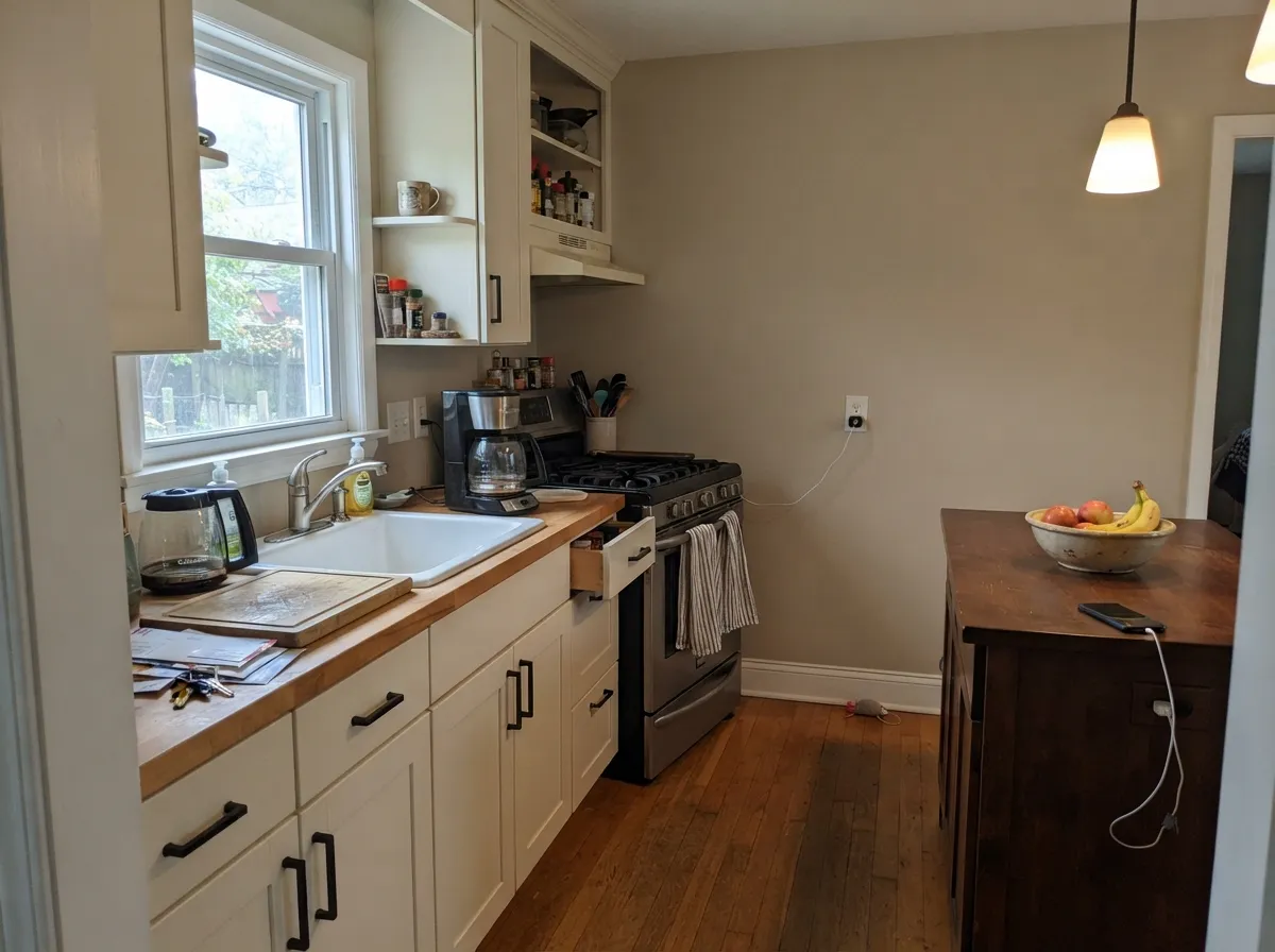 On cabinets in morning light the cream reads deliberate, not builder-white — and it hides knuckle marks around the pulls.