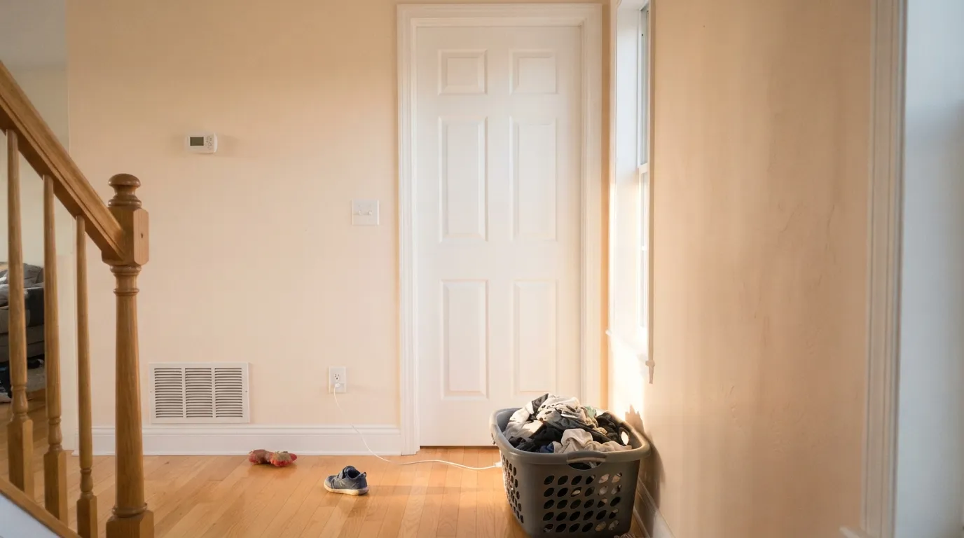 The honest shot: beside bright white trim in late sun, Blank Canvas stops looking like a white and reads tan — the exact complaint people post after painting.