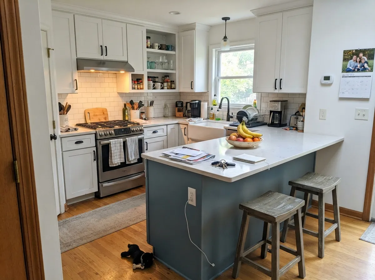 One blue island under white cabinets — the most common, lowest-risk way people actually use this color indoors.
