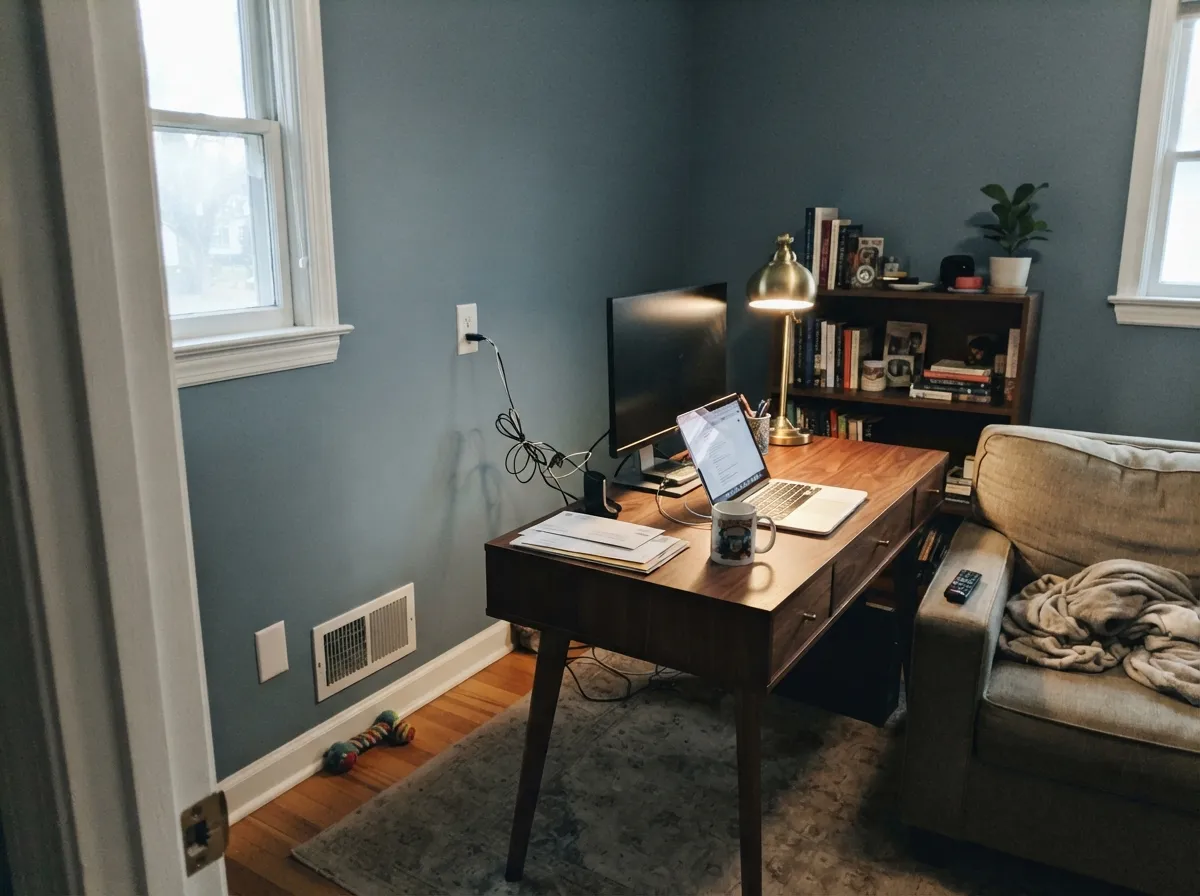 In a lamplit office it reads confident and grounded — deep enough to feel deliberate, never as heavy as navy.