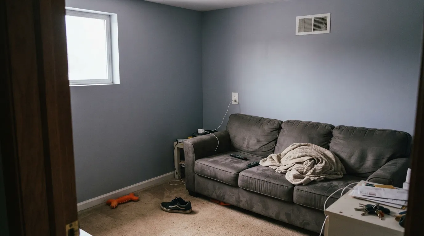 The honest shot: cool north light with no lamps drains the blue out and leaves a dull gray-lilac — the exact situation behind most disappointed reviews.