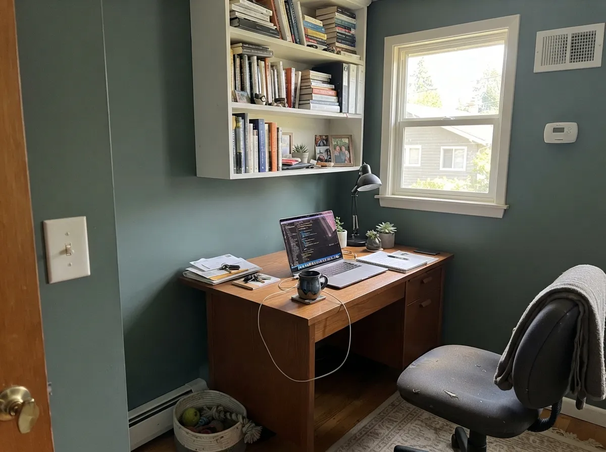 In a sunlit office the green holds — deep and grounded, not flat or gray.