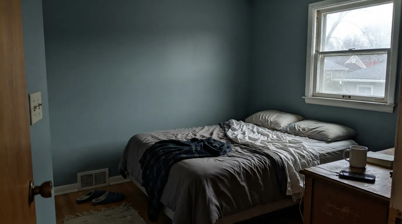 The honest shot: north light and no lamps strip the green almost completely, leaving a flat blue-gray — the exact disappointment buyers describe when they expected moss green.