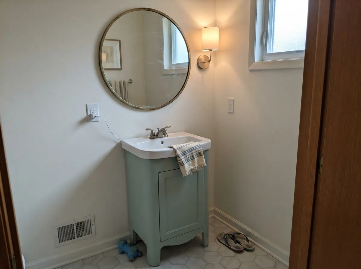 In a small powder room with brass fixtures it does the quiet, expensive-looking thing designers keep reaching for it to do.