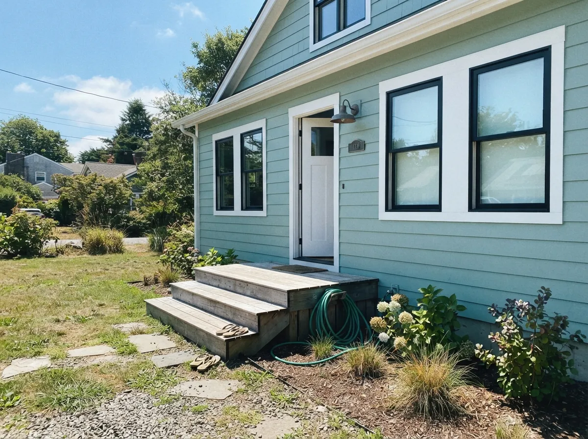 Full sun and dark window trim are the combination that makes Breezeway read fresh coastal cottage instead of faded pastel.