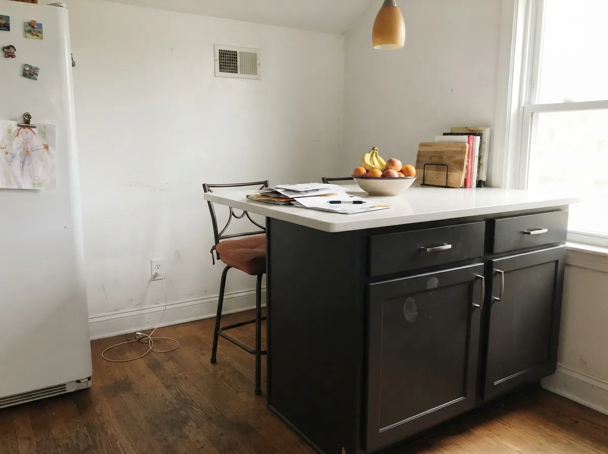 The high-contrast kitchen move: a near-black island against white walls and counters, with one warm accent so the room doesn't go cold.