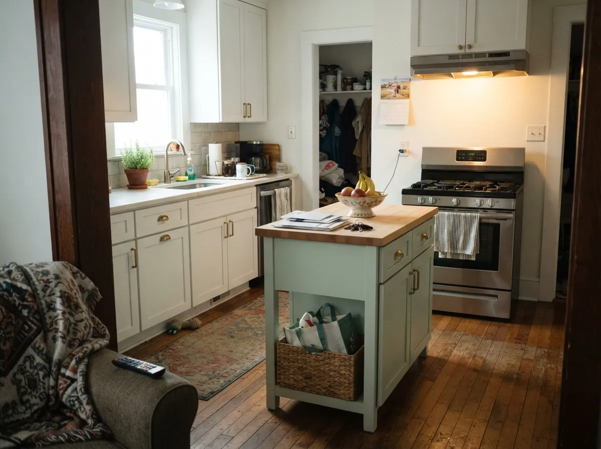On an island, doses of Brook Green read updated and calm without committing the whole kitchen to green.