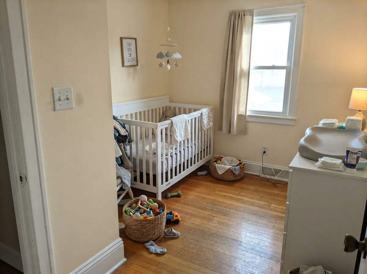 In a nursery under morning light the yellow reads soft and warm without tipping bold — a gentle, gender-neutral pick.