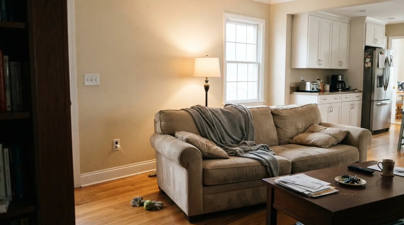 Cameo Stone across an open family room in real afternoon light — quiet warmth, not a color you'd notice unless you were looking for it.