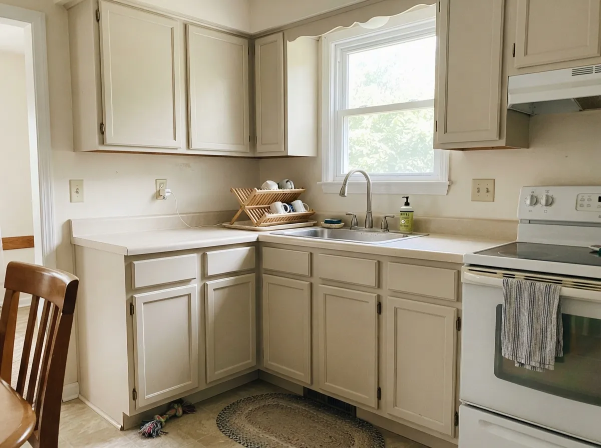 The rare trick: Behr sells this exact color as a cabinet enamel too, so walls and cabinets can match without a second, close-but-not-quite can.