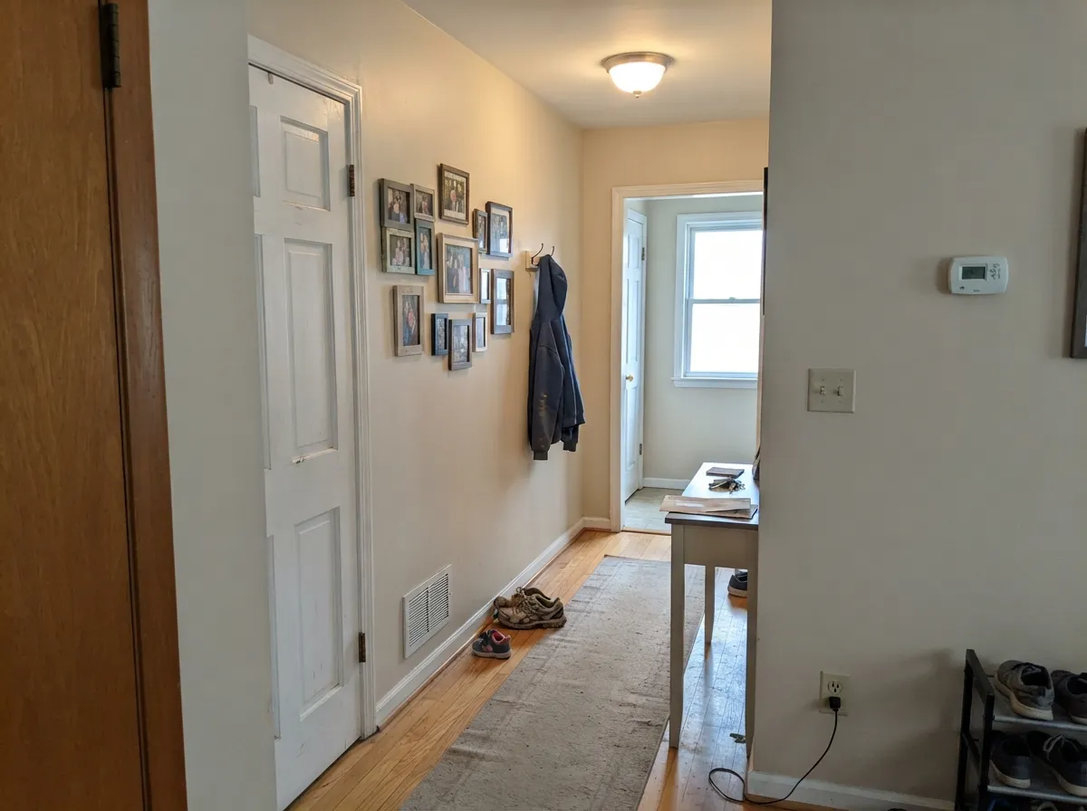 The whole-house test: a hallway needs a neutral that carries room to room without clashing, and this one does the job without asking for credit.