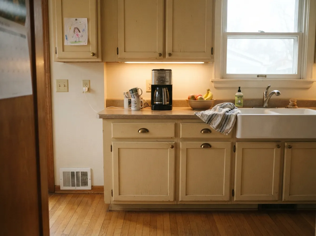Its strongest use: cabinets over oak and brass, bright enough at LRV 79 to still read as a proper white.
