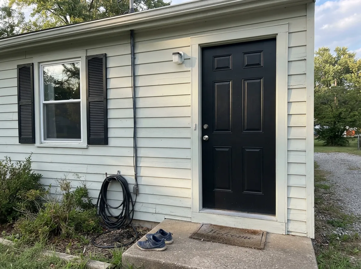With black shutters and a black door it reads like a quieter, greener cousin of the popular white-and-black exterior look.