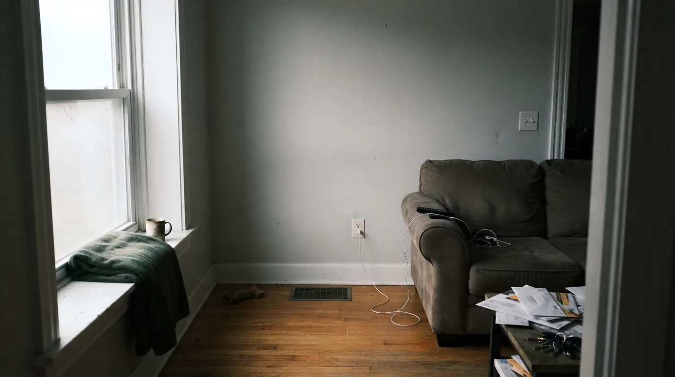 The honest shot: dim north light over honey oak. The green disappears, the wall goes flat and dingy next to the bright white trim — the exact combination behind the "looks dirty" complaints.