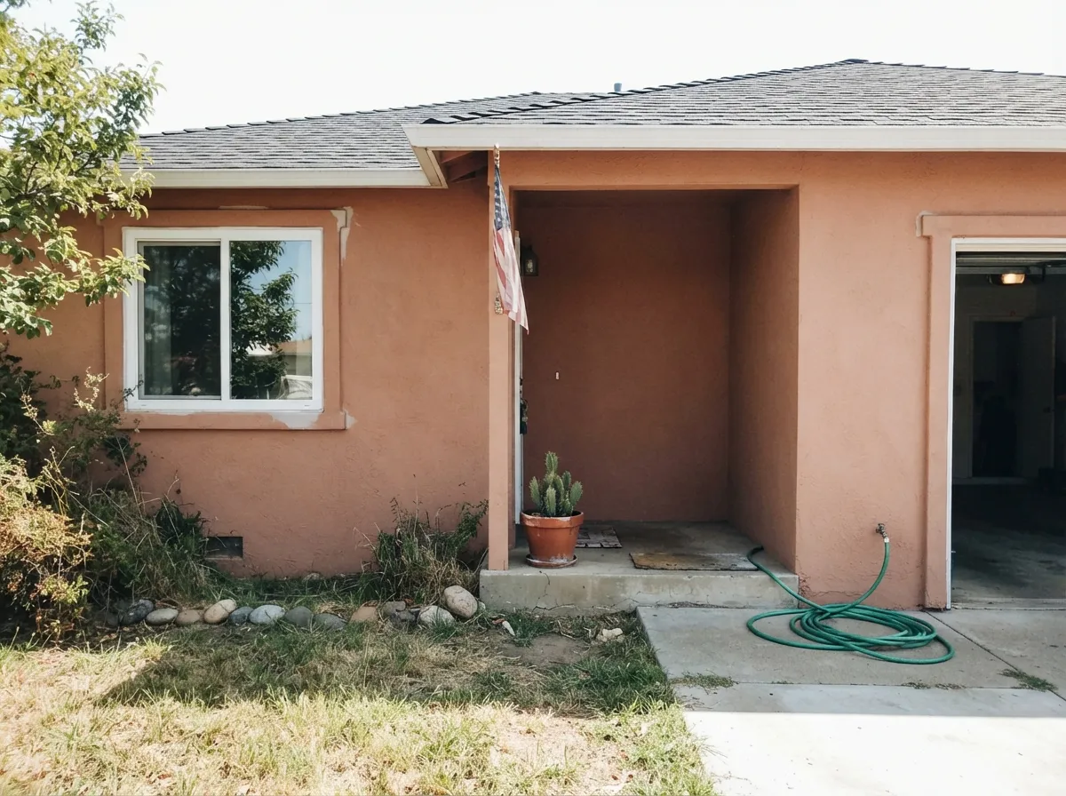 Its real job: a stucco exterior in full sun, where the clay-orange the chip only hints at finally shows up.