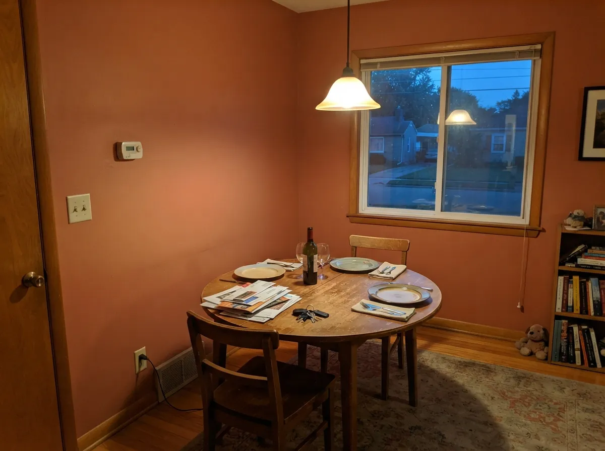 Under evening lamplight it turns warm and enveloping — the dining-room mood the color was built for.