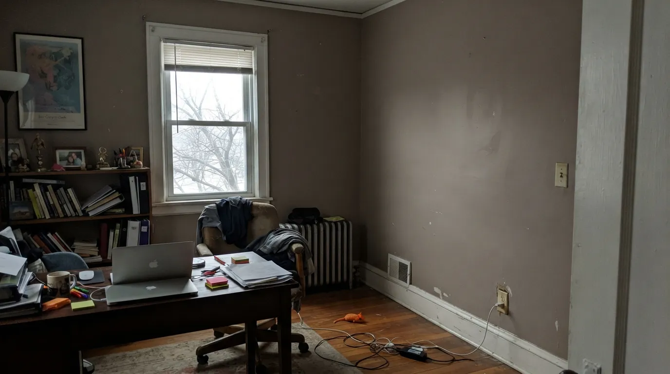 The honest shot: cool north light with no warm lamps, and the terracotta warmth drains into a flat, muddy brown — the exact "it looked dirty" complaint from cooler rooms.
