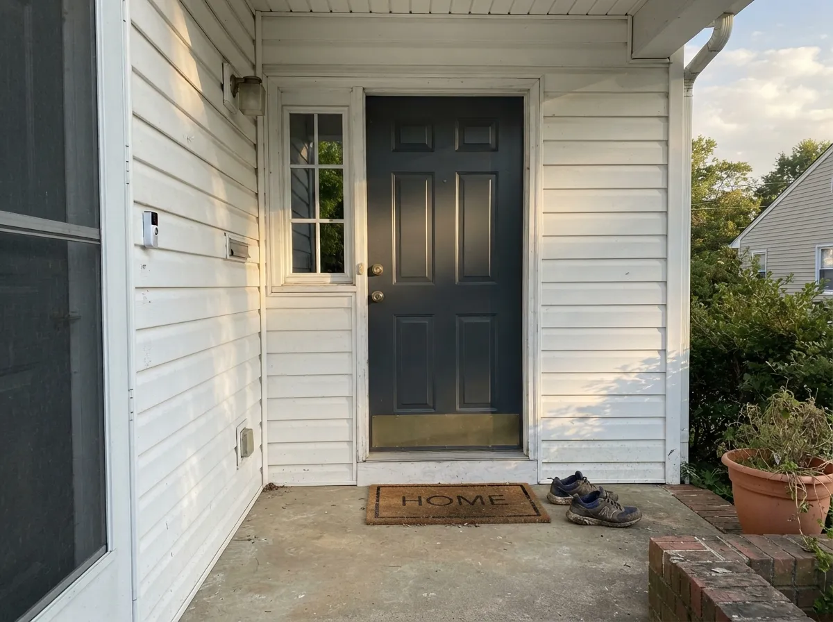 Behr sells this exact color as an exterior metal paint too — semi-gloss on a steel or fiberglass door holds up and reads confidently dark against light siding.