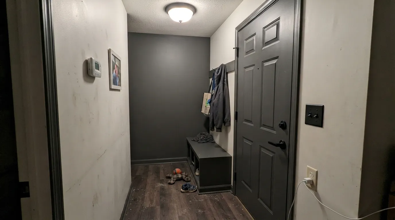 The honest shot: next to true-black hardware under flat overhead light, Carbon Copy visibly grays out — this is not a substitute for actual black paint.