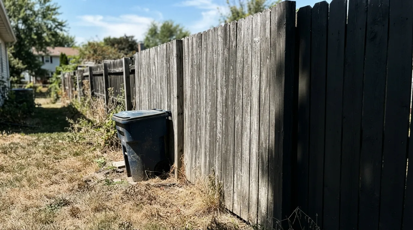 The honest shot: after several summers the sun-facing run has chalked and faded while the shaded side stayed black — every deep exterior color does this, and it always shows up as a two-tone fence.