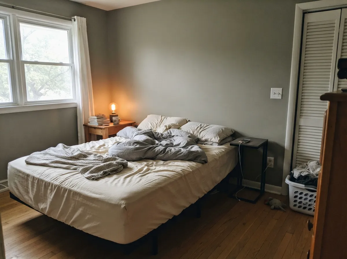 In a morning-lit bedroom the mid-tone stays restful — stone-path greige, not beige, not a spa green.