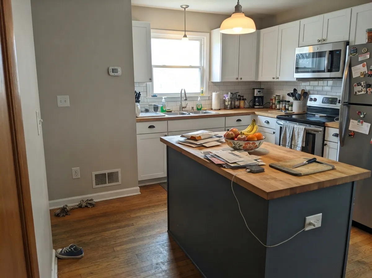 One island in Charcoal Blue against white perimeter cabinets — a dependable two-tone kitchen, not a full commitment.