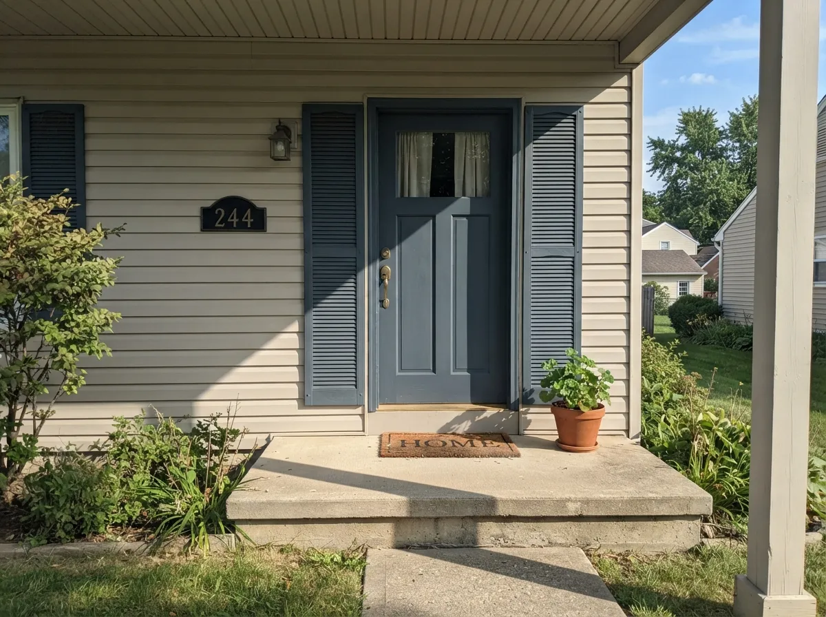 Full sun keeps the blue honest on a front door and shutters — this color's most common real job.