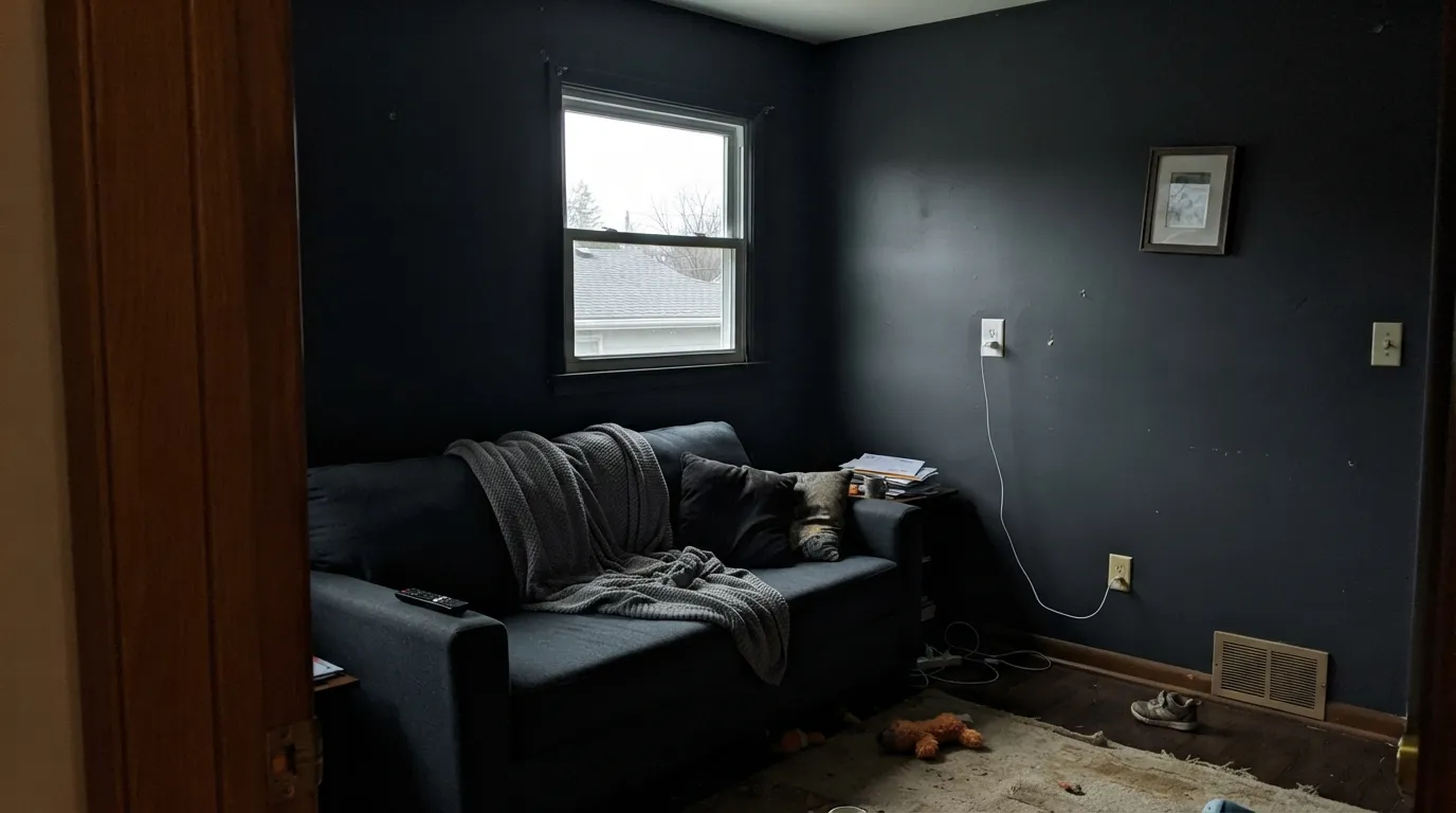 The honest shot: four walls of Charcoal Blue in a dim, lamp-less room reads flat charcoal-black, not blue — the exact setup behind the disappointed reviews.
