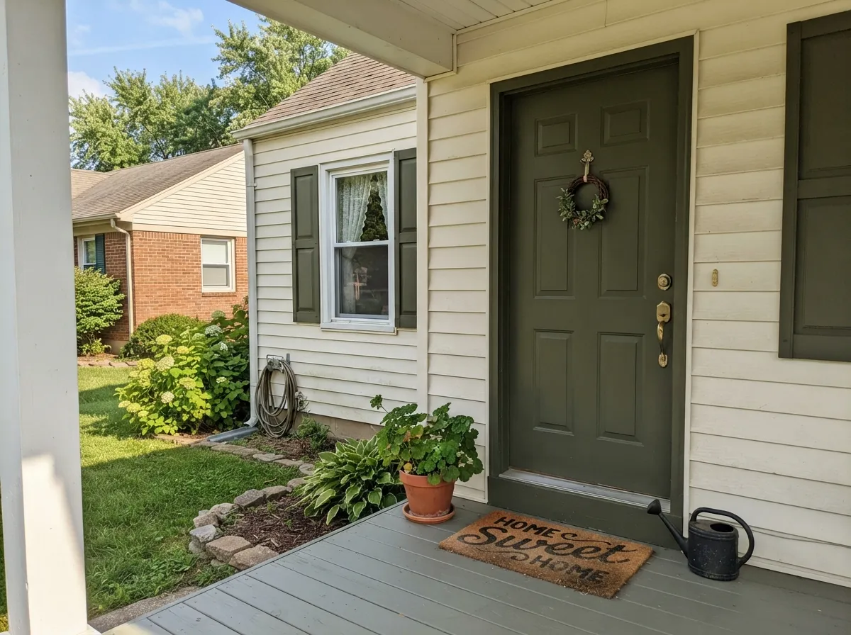 A sunlit front door in Chard reads a rich, confident forest green — the classic curb-appeal move, and the light it needs to look this good.