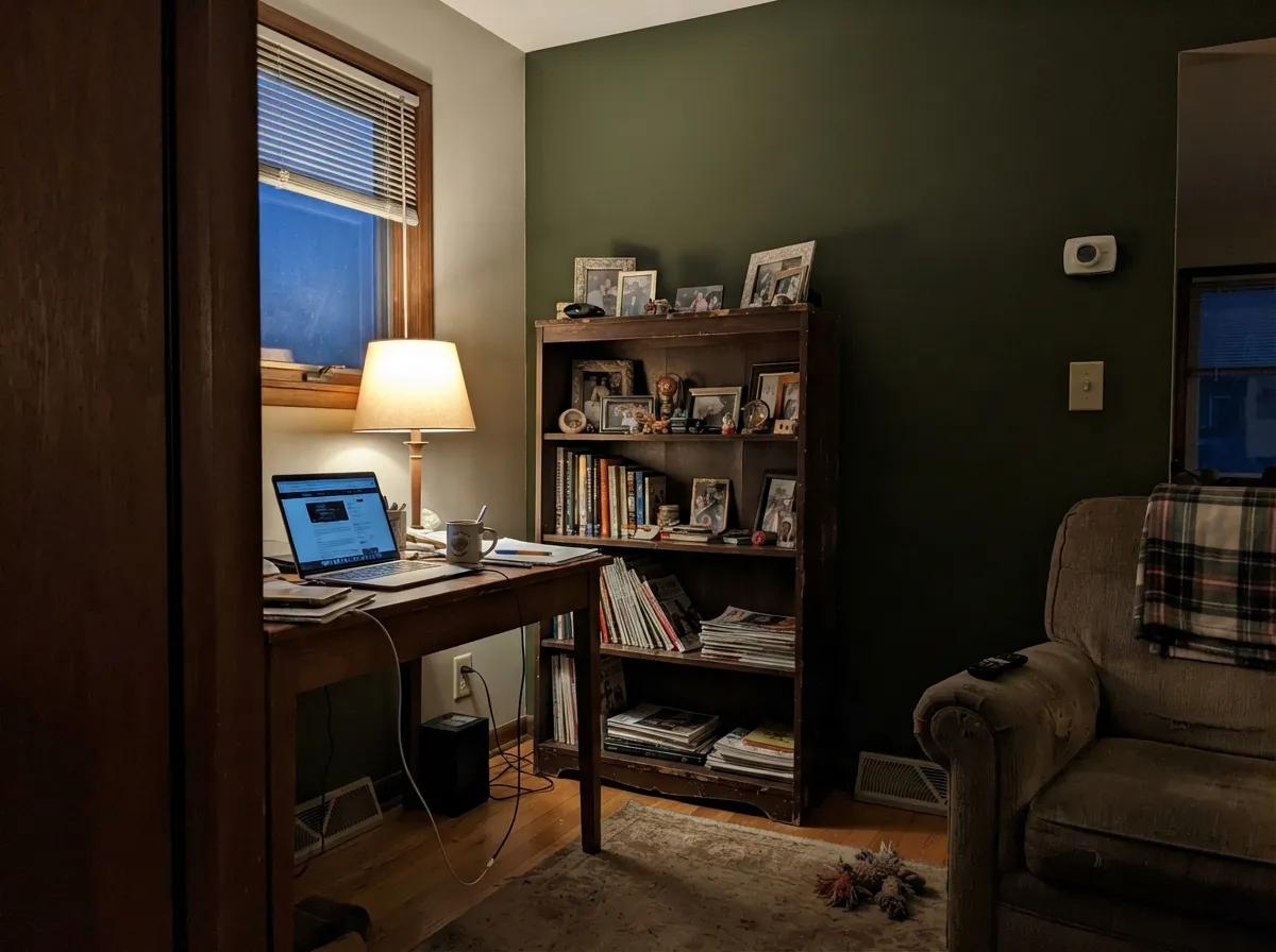 Under a warm desk lamp with walnut shelving, Chard goes moody and expensive — its natural habitat after dark.