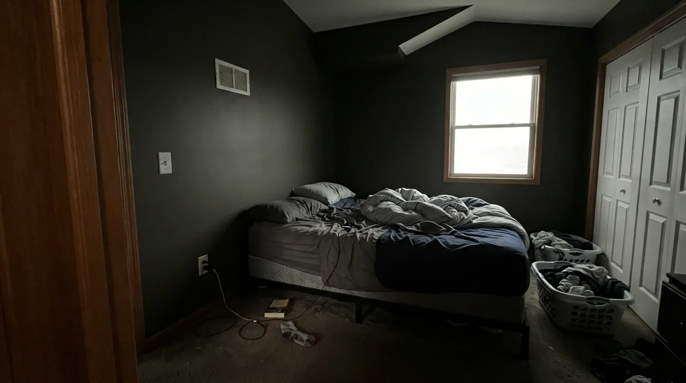 The honest shot: a dim north room with no lamps drains the green out entirely — this is the room where readers say 'I thought I bought black.'