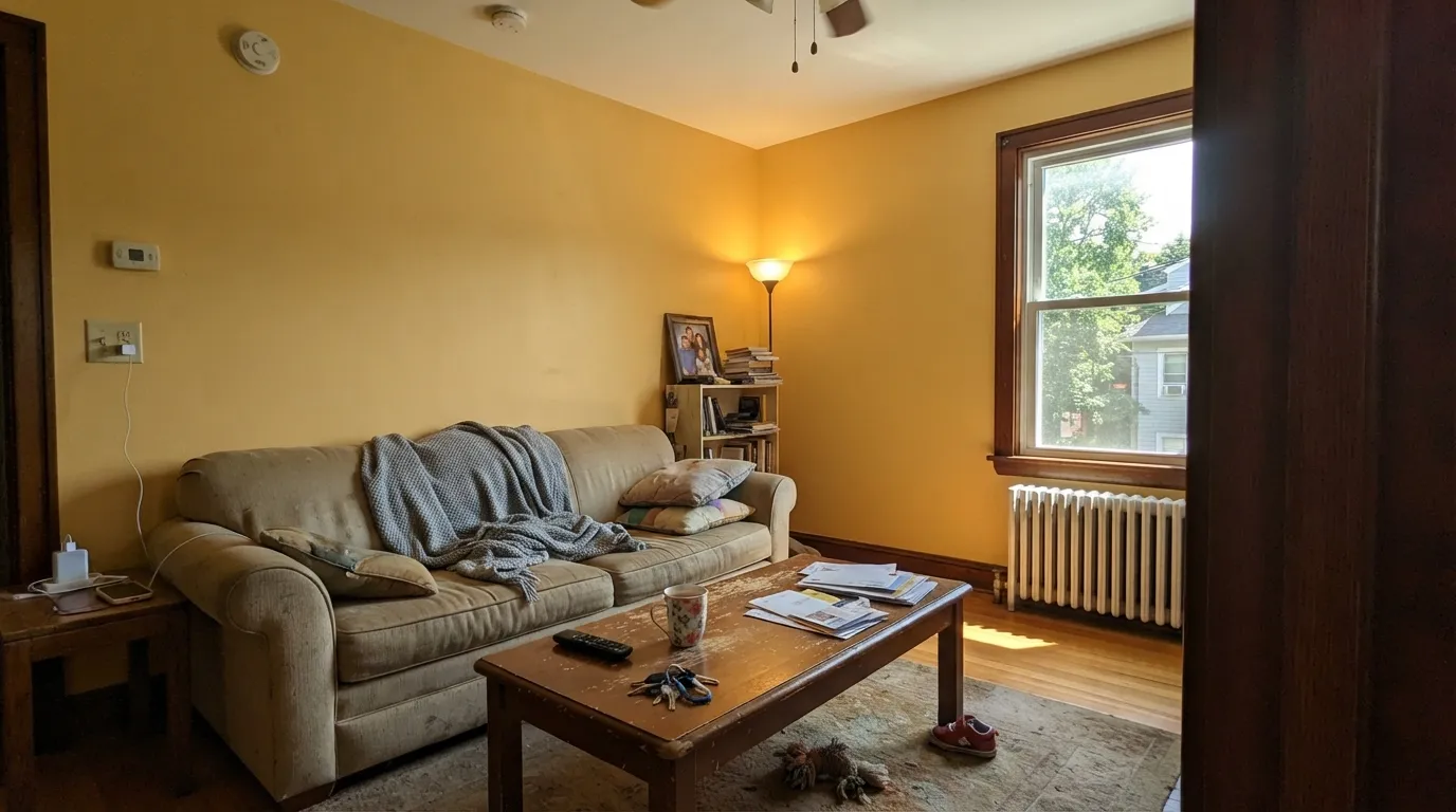 The honest shot: direct midday sun on four walls, exactly the 'too bright on the yellow' complaint real owners have posted.