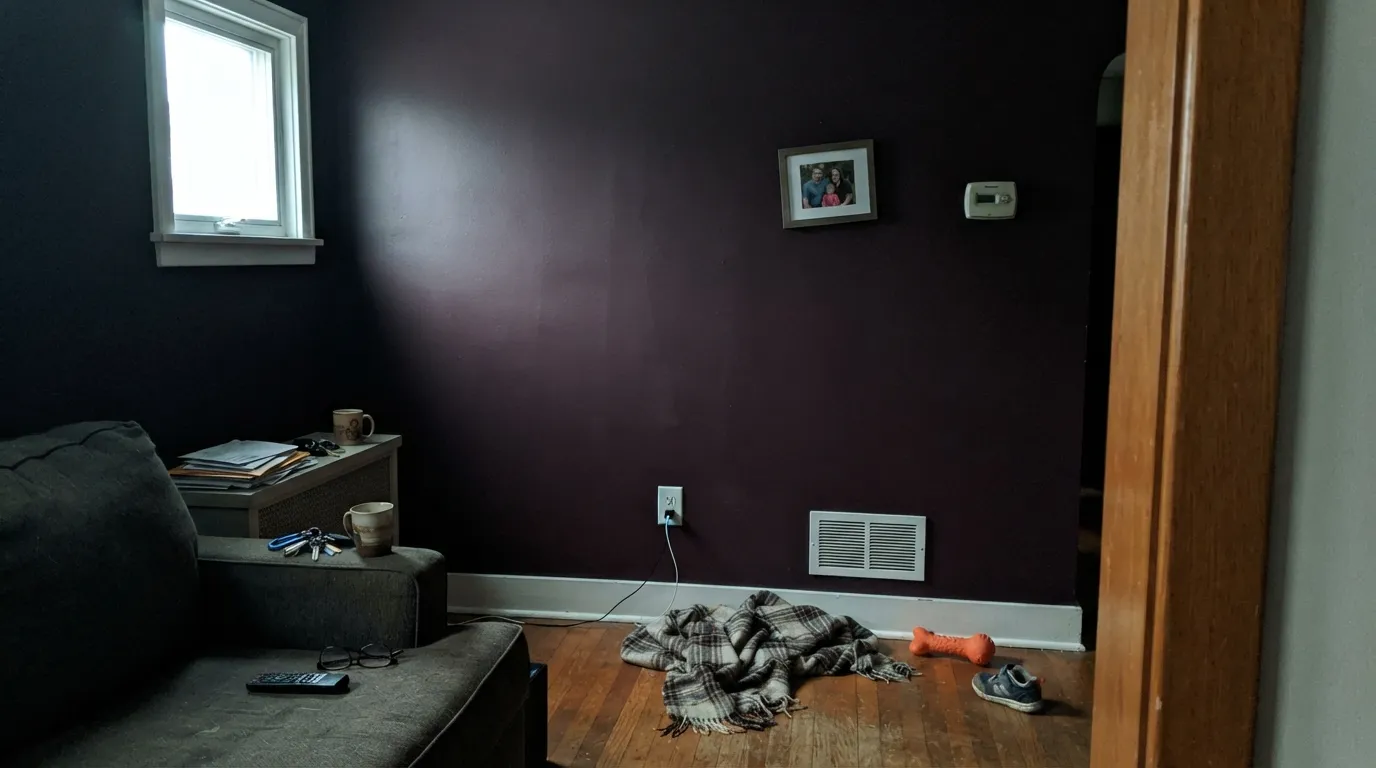 The honest shot: cool north light with no lamp on, and the wine disappears into near-black — the exact situation behind every "it looked red on the chip" surprise.