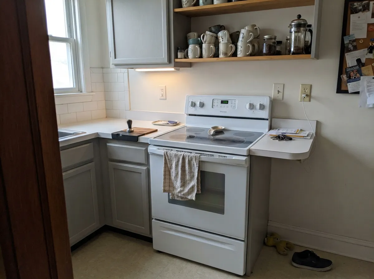 Behr sells Chic Gray as a real cabinet enamel, not just a wall color — here it is doing that job, soft and elegant against a warm white counter.